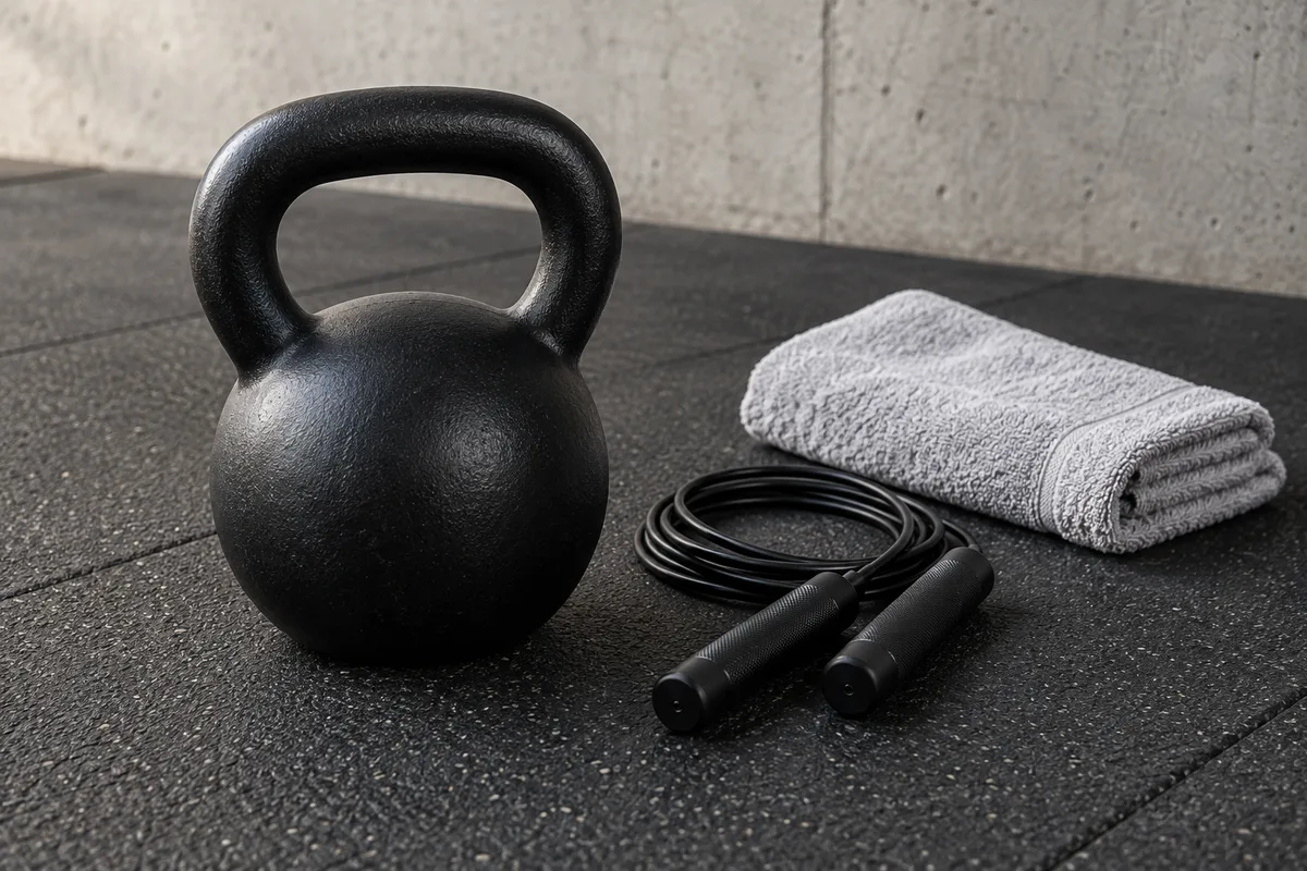 Kettlebell, corde à sauter et serviette pliée posées sur un sol en caoutchouc sombre