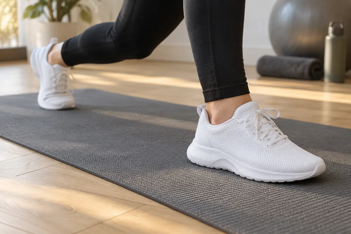 Chaussures de sport blanches en appui sur un tapis de sol pendant une fente