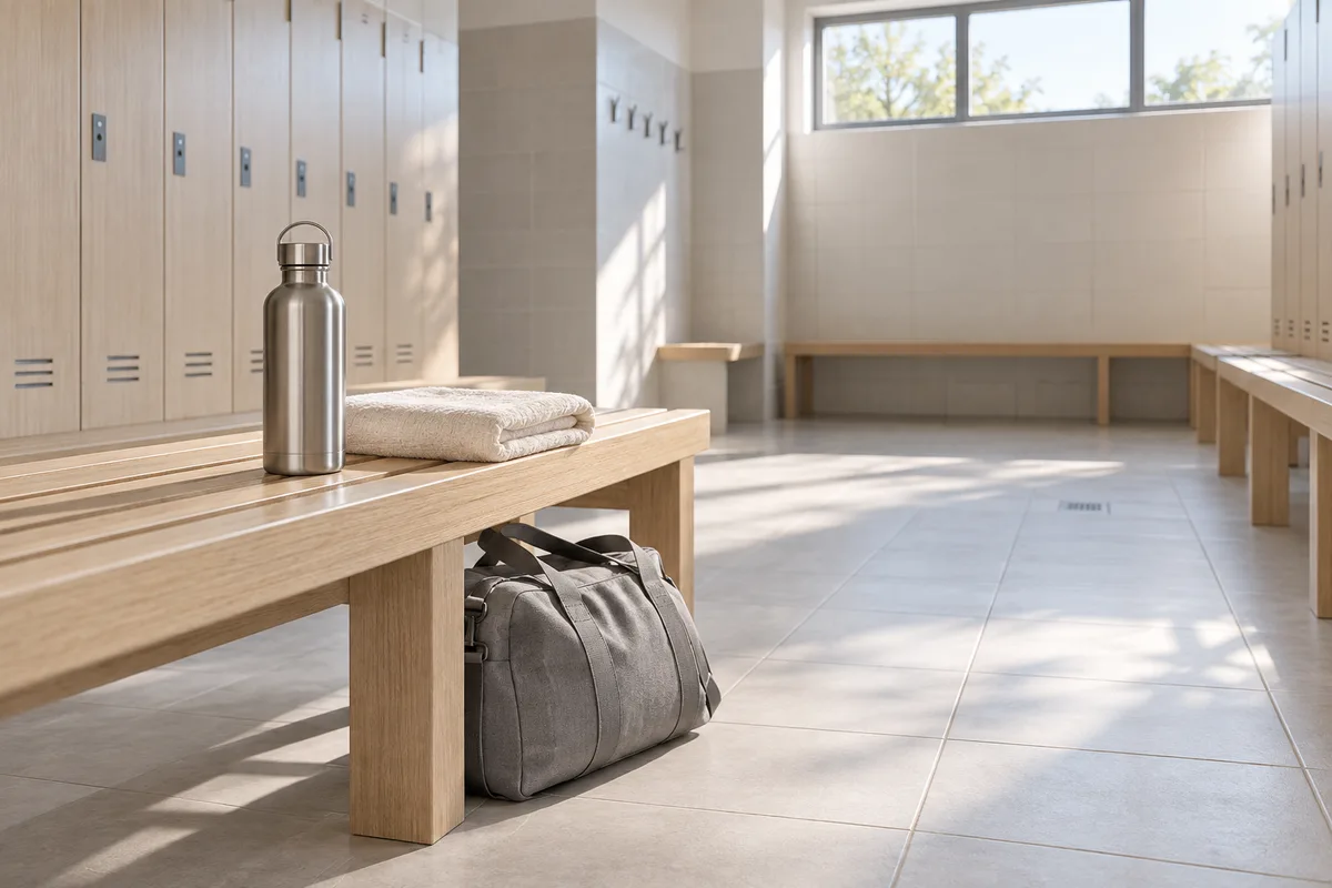 Gourde et serviette posées sur un banc en bois dans un vestiaire clair
