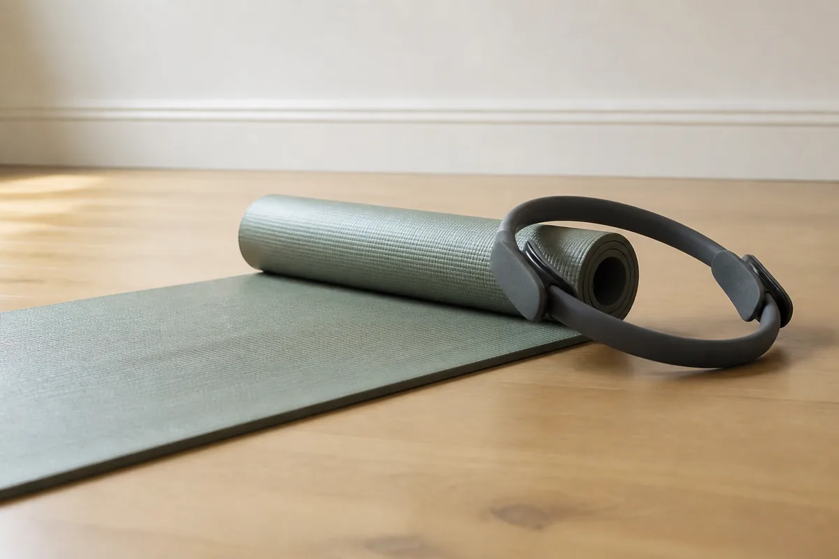 Tapis de sol déroulé et cercle Pilates posés dans un studio vide au petit matin