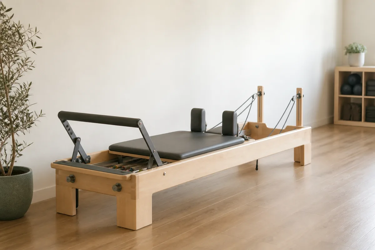 Reformer Pilates aligné le long d’un mur clair dans un studio lumineux