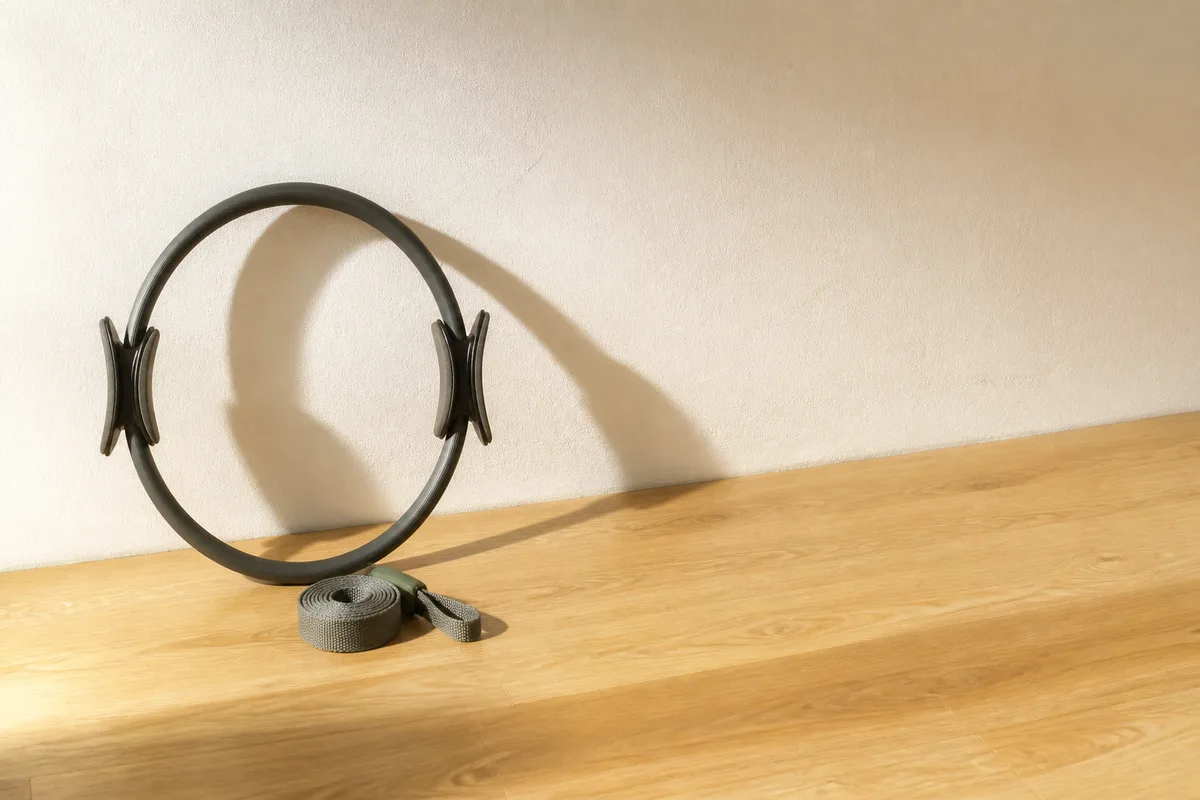Cercle Pilates et sangle posés au pied d’un mur clair, lumière du matin