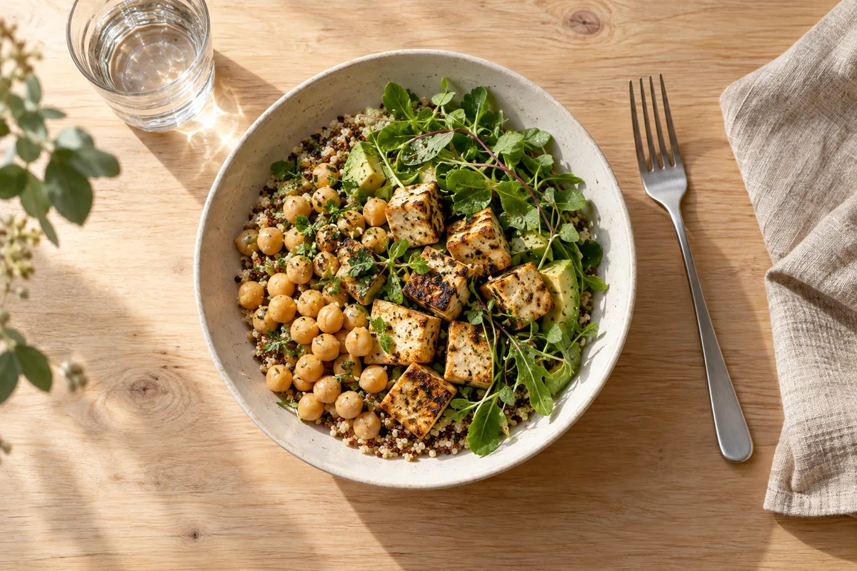 Assiette de pois chiches, quinoa, tofu grillé et légumes verts sur une table en bois clair