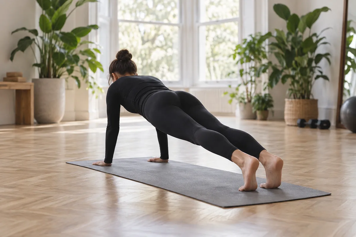 Pratiquante vue de dos en planche sur un tapis de sol dans un studio lumineux