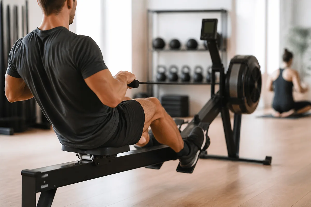 Athlète tirant sur un rameur dans une salle de cross training