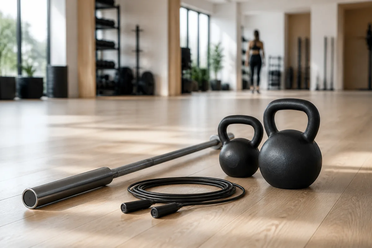 Kettlebells, corde à sauter et barre posées au sol dans un box