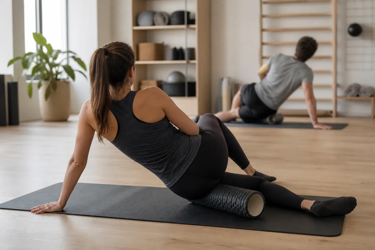 Séance de mobilité au sol avec tapis et rouleau de massage