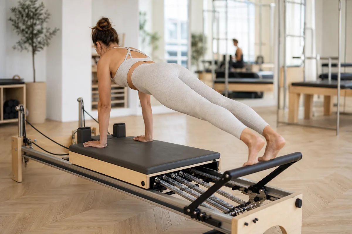 Pratiquante en position de gainage sur un chariot, ressorts tendus