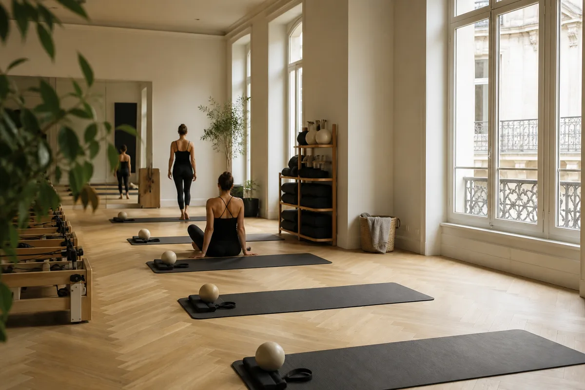 Salle de Pilates lumineuse avec tapis alignés et grandes fenêtres à Bordeaux