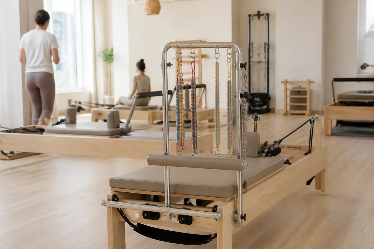 Chariot de reformer avec ressorts colorés dans un studio bordelais