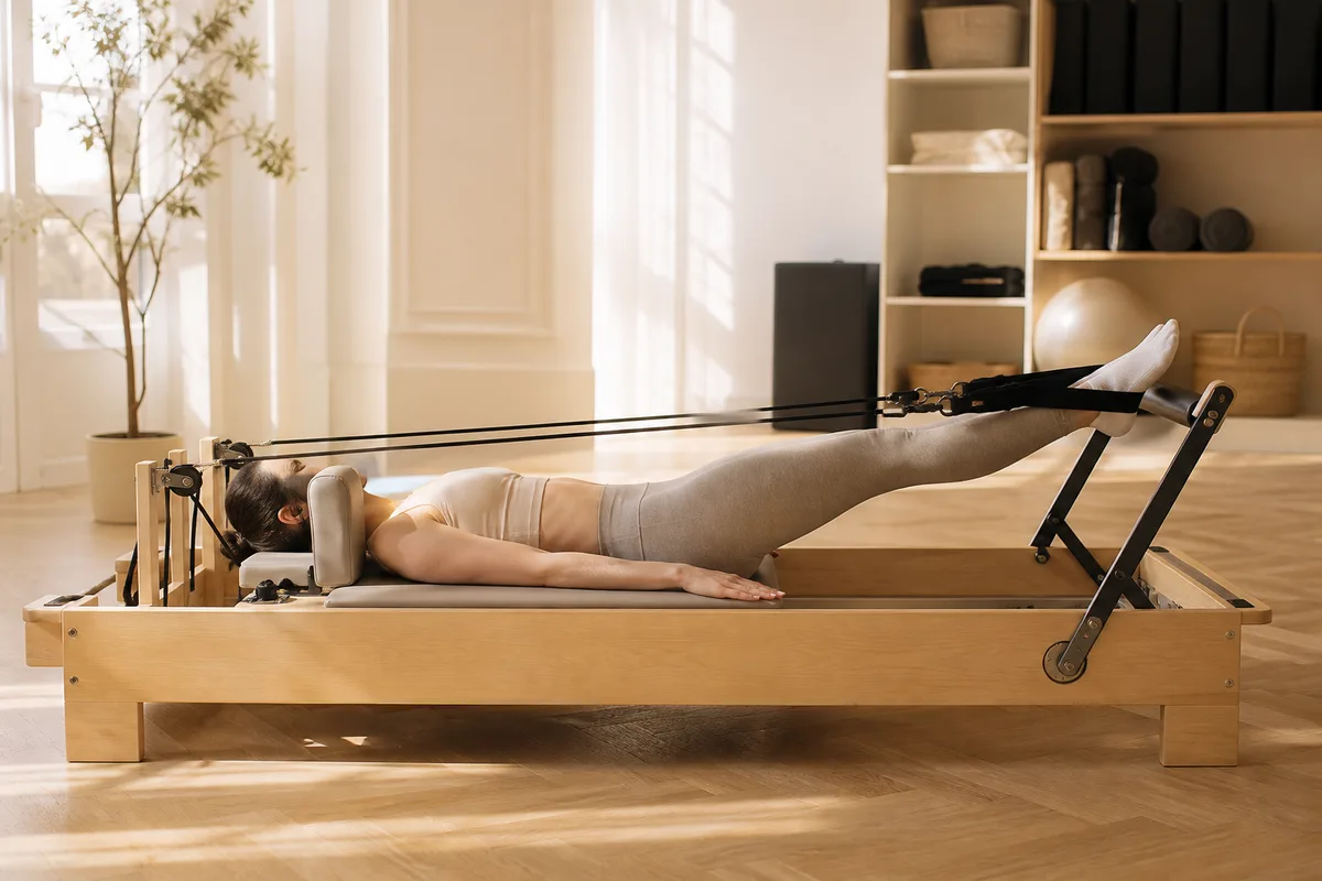 Pratiquante allongée sur un reformer, jambes tendues dans les sangles