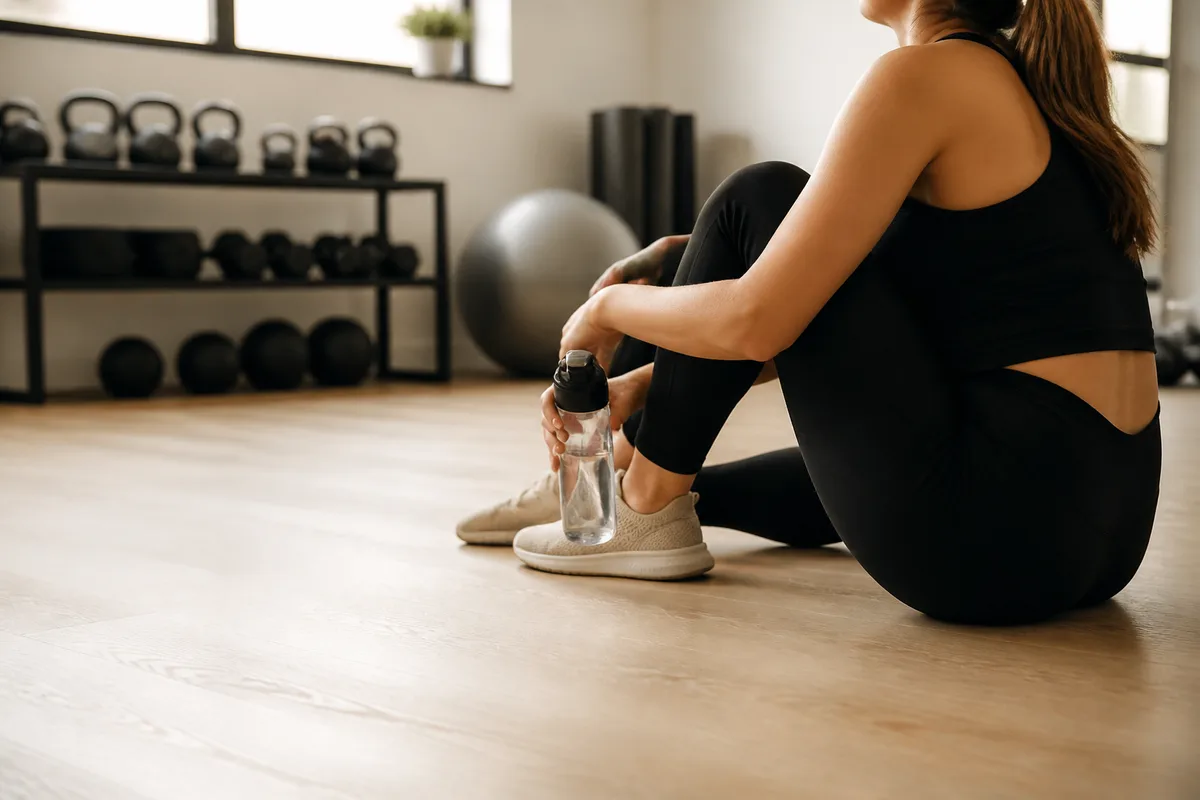 Sportive assise, bouteille d&rsquo;eau à la main, après une séance en salle