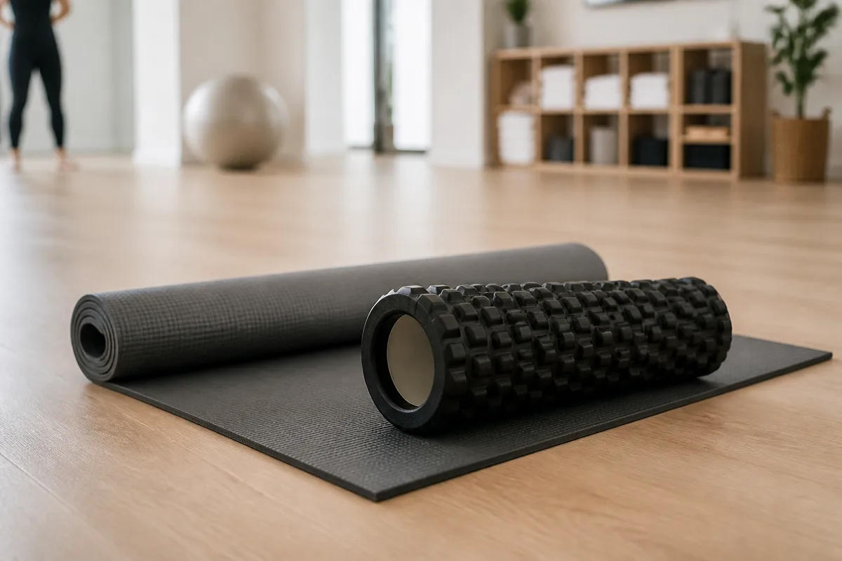 Rouleau de massage et tapis posés au sol dans un espace de récupération
